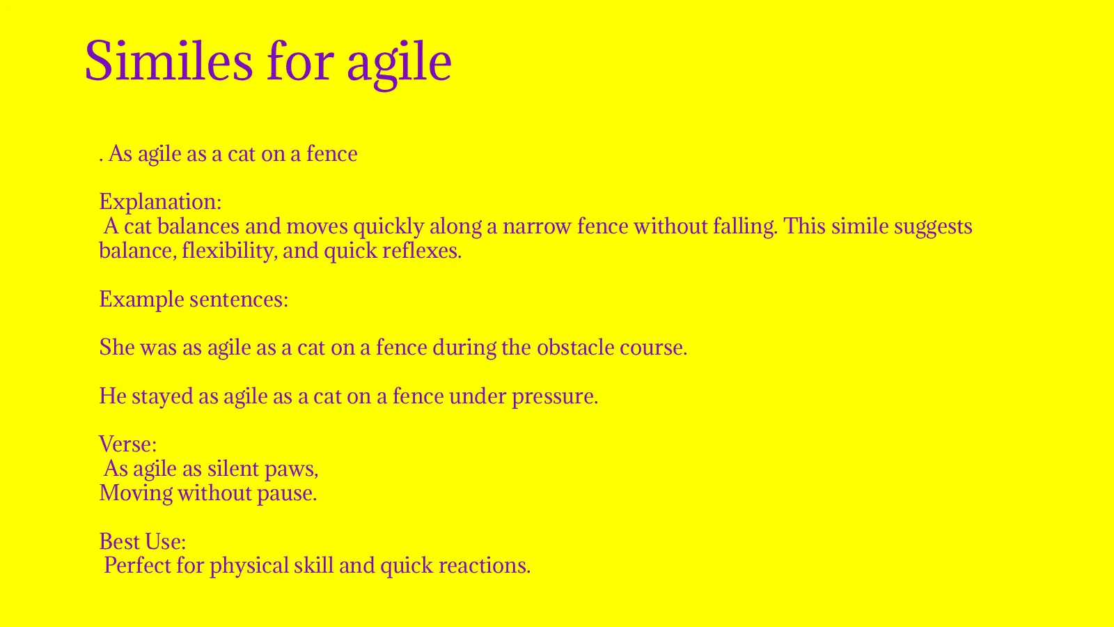 Similes for agile with meaning and example